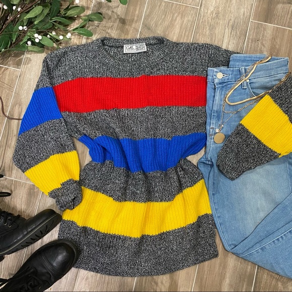 Vintage Sweaters - Vintage 80s marled knit striped sweater red yellow